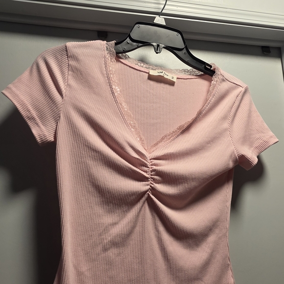Pink Ribbed Lace Trim Ruched Front Top - Picture 2 of 7